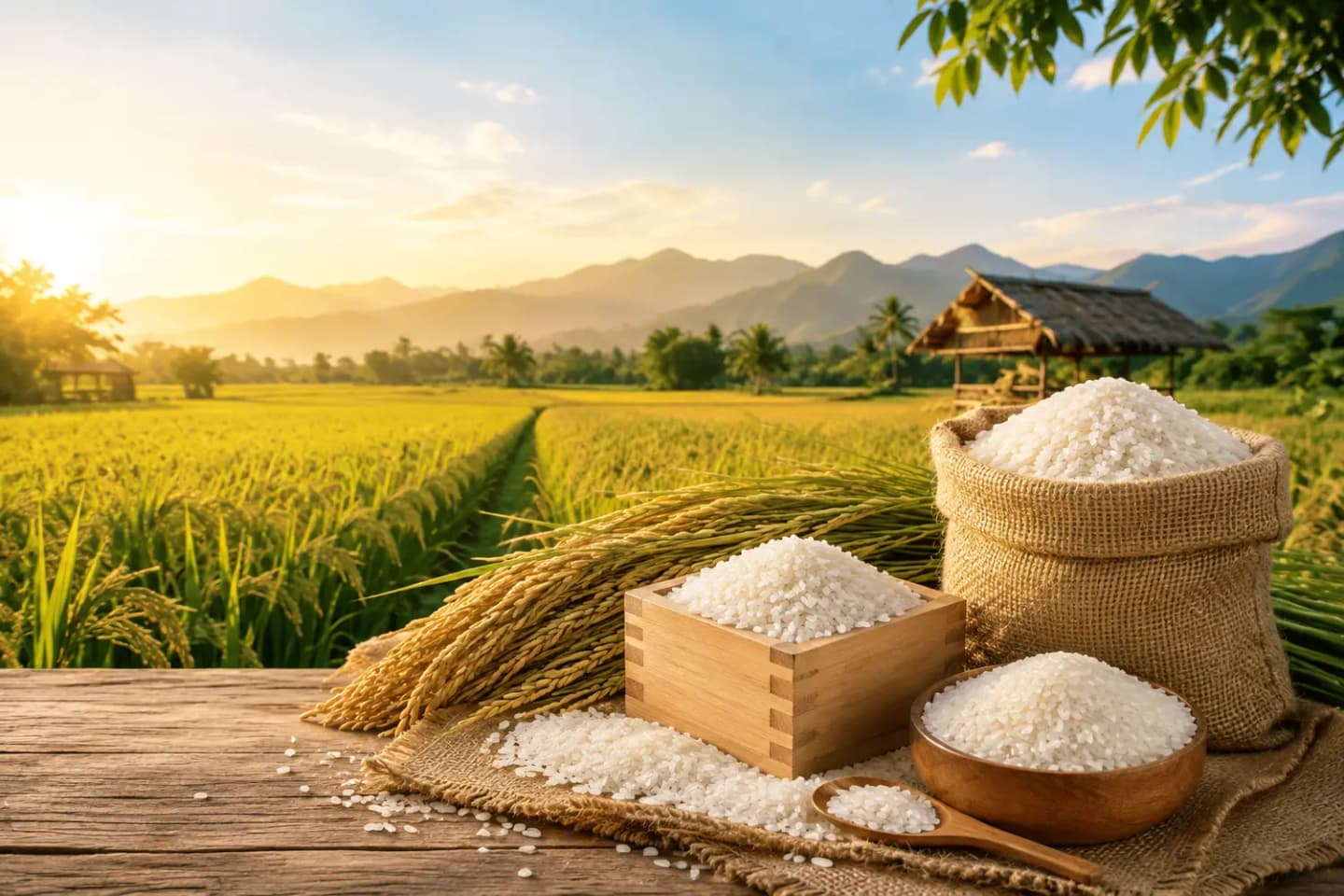 Cận cảnh hạt gạo J02 Mường Tấc — hạt hơi tròn, trắng trong, đều hạt